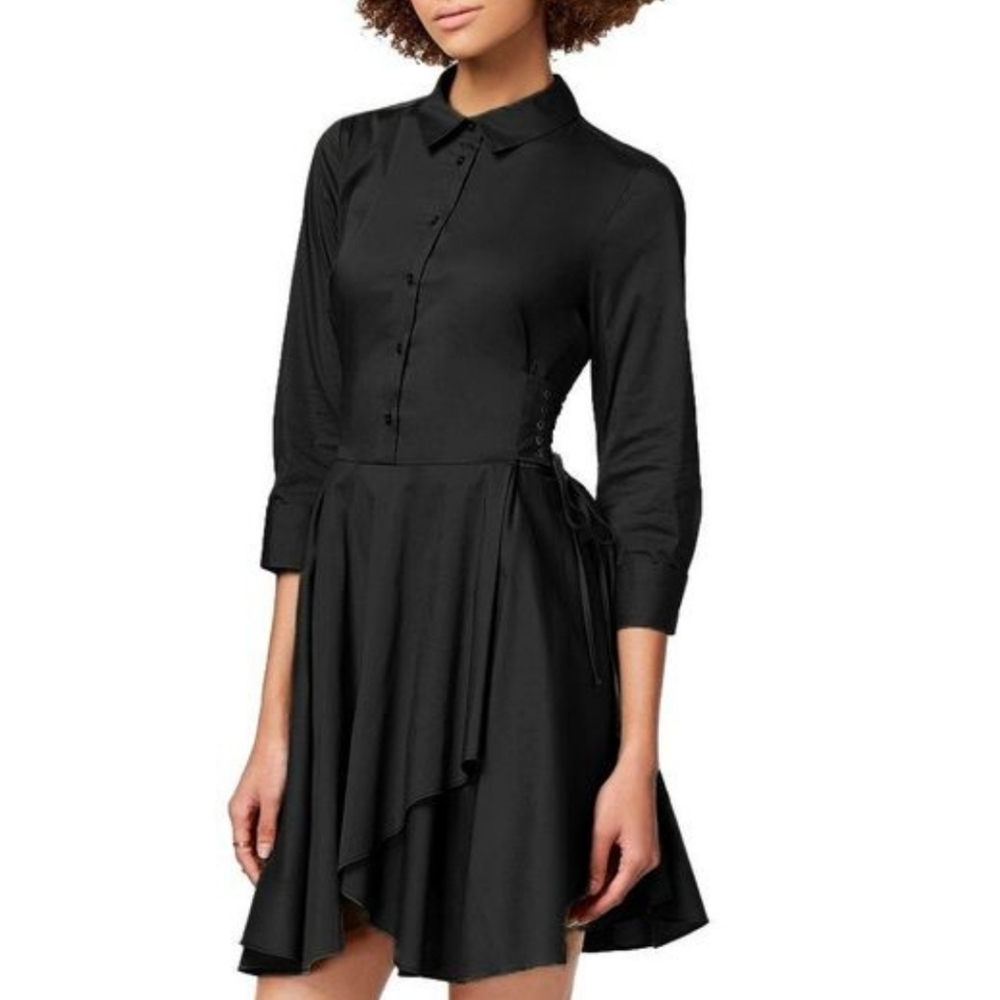 Bar III Dress Womens Small Black Half-Button Flounce Shirt Mini